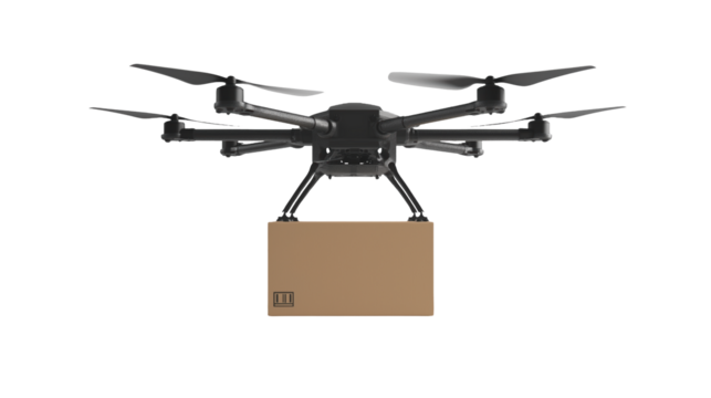 A delivery drone hovering against a transparent background, designed with sleek, modern features, ready to transport packages.