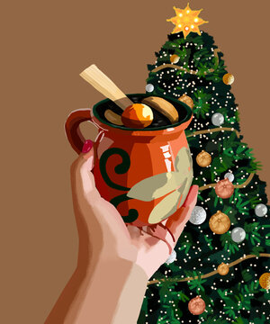 Ilustracion navide&ntilde;a de una mano sosteniendo un ponche de frutas