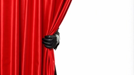 Elegant hand in black glove pulls back red curtain isolated on white background