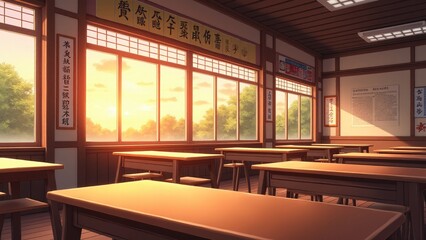 A Japanese classroom decorated for a cultural celebration, with origami, calligraphy, and natural light streaming through the windows. anime