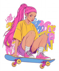Anime style character illustartion. Cute girl on skateboard, isolated on white background. Bright colors. Graffiti art words on white background, anime, manga art style
