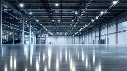 A large industrial building with a long, narrow hallway. The hallway is mostly empty, but there are a few people walking around. The building is lit up, giving it a bright and industrial feel