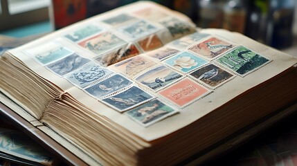 Vintage stamp album filled with colorful stamps depicting animals, plants, and landscapes.