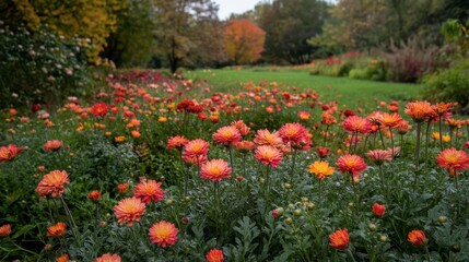 Colorful Flower Field with Orange and Yellow Blooms in Autumn