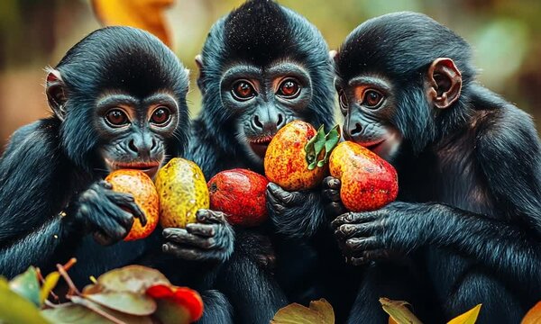 Three Young Monkeys Enjoying Colorful Fruits in Lush Jungle Setting
