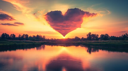 Obraz premium A heart-shaped cloud hovering gracefully over a serene river at sunset, with vibrant orange and pink hues reflecting on the calm water, creating a romantic and peaceful atmosphere perfect for nature 