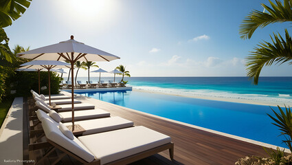 Fototapeta premium A luxury modern white beach hotel with an infinity pool overlooking the sea