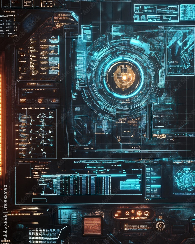 Poster futuristic digital interface displaying complex data and holographic elements.