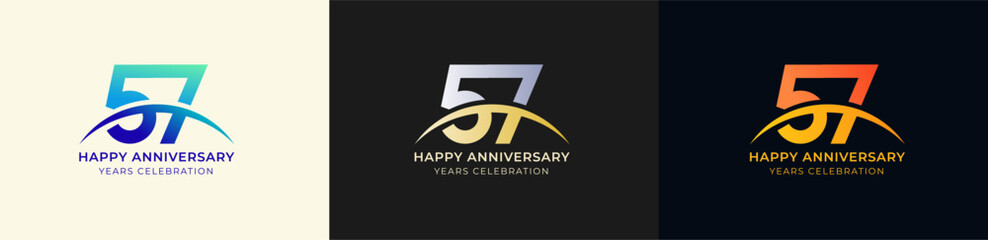 Logo Anniversary with Swoosh Sunrise 57th, 57th Happy Anniversary with Colorful Gradient, Luxury Gold and Silver.
