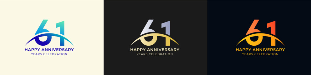 Logo Anniversary with Swoosh Sunrise 61th, 61th Happy Anniversary with Colorful Gradient, Luxury Gold and Silver.