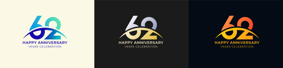 Logo Anniversary with Swoosh Sunrise 62th, 62th Happy Anniversary with Colorful Gradient, Luxury Gold and Silver.