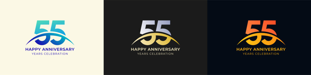 Logo Anniversary with Swoosh Sunrise 55th, 55th Happy Anniversary with Colorful Gradient, Luxury Gold and Silver.