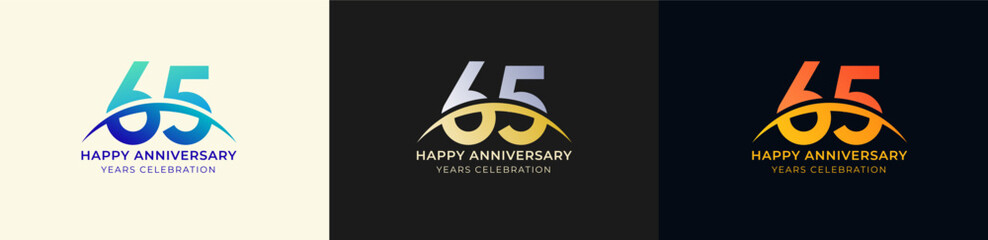 Logo Anniversary with Swoosh Sunrise 65th, 65th Happy Anniversary with Colorful Gradient, Luxury Gold and Silver.