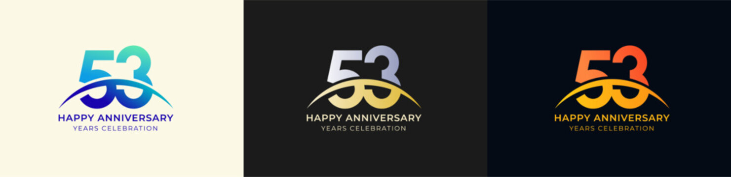 Logo Anniversary with Swoosh Sunrise 53th, 53th Happy Anniversary with Colorful Gradient, Luxury Gold and Silver.