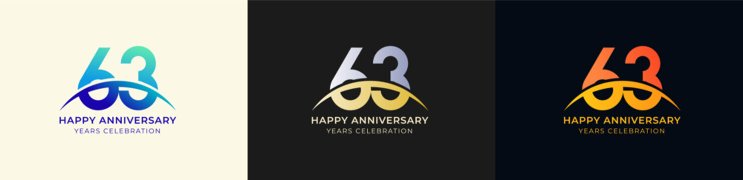 Logo Anniversary with Swoosh Sunrise 63th, 63th Happy Anniversary with Colorful Gradient, Luxury Gold and Silver.
