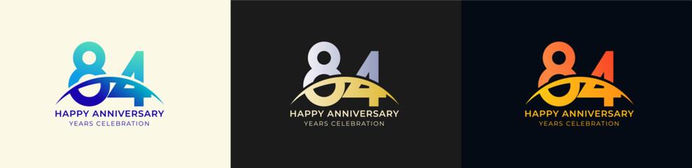 Obraz premium Logo Anniversary with Swoosh Sunrise 84th, 84th Happy Anniversary with Colorful Gradient, Luxury Gold and Silver.