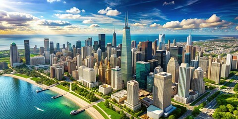 Naklejka premium Chicago 3D Aerial White City Illustration, Modern Architecture