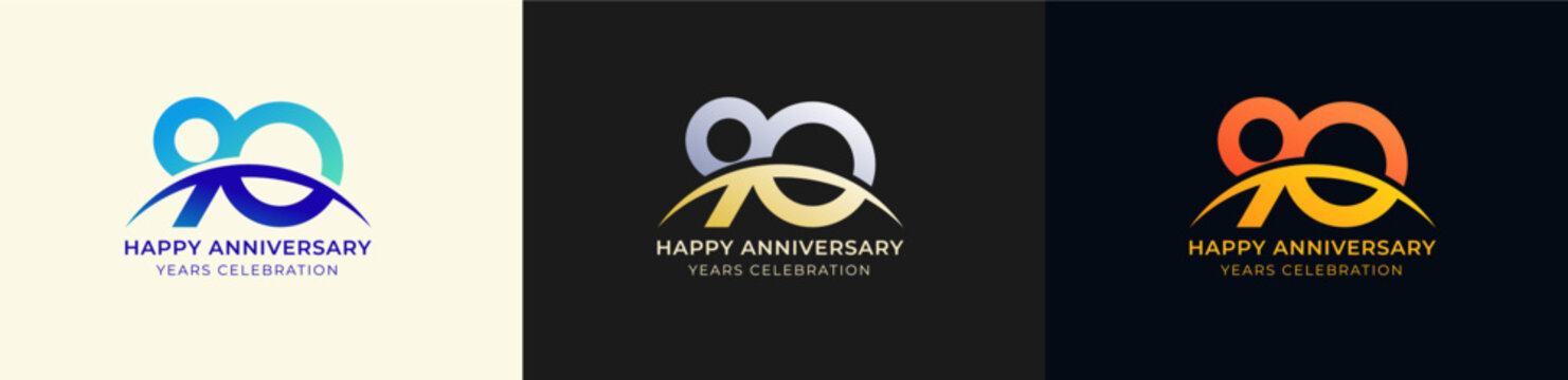 Logo Anniversary with Swoosh Sunrise 90th, 90th Happy Anniversary with Colorful Gradient, Luxury Gold and Silver.