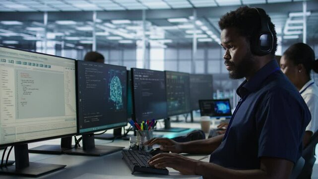 Engineer in data center wearing headphones, implementing AI systems. Server farm expert at desk in office listening music and using artificial intelligence to prevent system failures