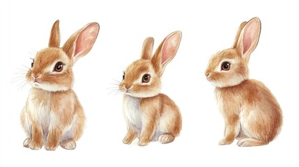 Children's picture book style, cute rabbit, three views, front view, side view, back view.