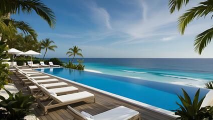 Fototapeta premium A luxury modern white beach hotel with an infinity pool overlooking the sea