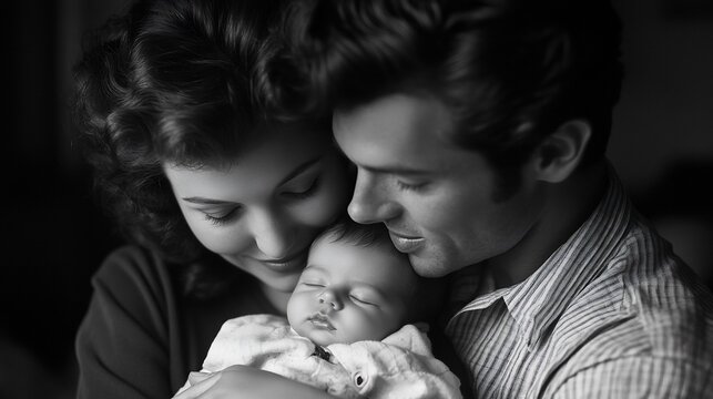 Loving parents embrace their newborn baby.