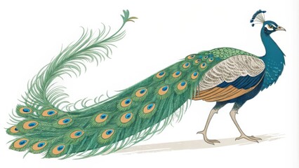 Fototapeta premium Stunning Peacock Displaying Its Vibrant Long Tail Feathers in Natural Elegance. Generative AI