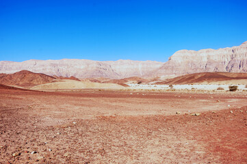 A desert landscape with a blue sky in the background