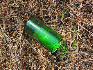 Top view of broken bottle on dry grass.