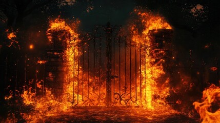 Fototapeta premium Infernal Gate: A fiery spectacle of a burning wrought iron gate engulfed in flames at night.