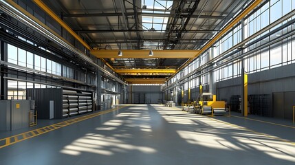 Obraz premium A large, empty warehouse with a yellow crane hanging from the ceiling. The space is mostly empty, with only a few workers visible in the background. Scene is one of emptiness and solitude