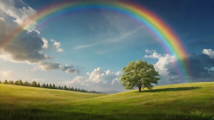 AI GENERATE background, A tranquil meadow scene with a gradient rainbow in the sky
