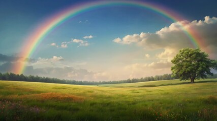 AI GENERATE background, A tranquil meadow scene with a gradient rainbow in the sky