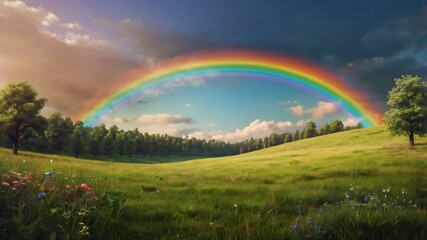 AI GENERATE background, A tranquil meadow scene with a gradient rainbow in the sky