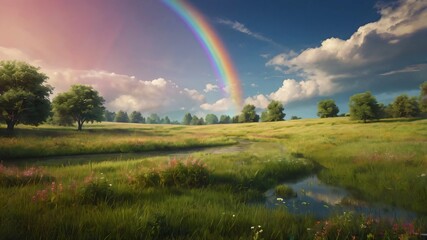AI GENERATE background, A tranquil meadow scene with a gradient rainbow in the sky