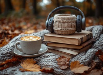 Cozy autumn scene latte, books, headphones, knitted blanket, fall leaves. Perfect for relaxation, reading, and listening to music outdoors.