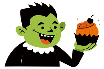 A whimsical Frankenstein is holding a cupcake decorated with a tiny bat and cobweb sprinkles.