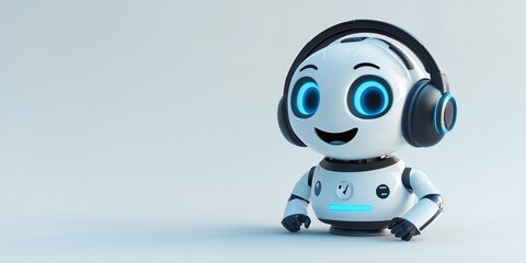 Adorable White Robot with Headphones Enjoying Music in a Light Studio Setting