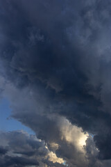 Dramatic sky with dark clouds at sunset, natural background.