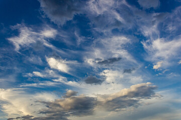 Dramatic sky with dark clouds at sunset, natural background.