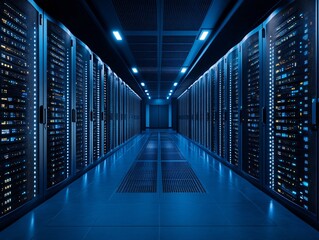 Fototapeta premium A dimly lit server room filled with racks of servers and blue LED lights.