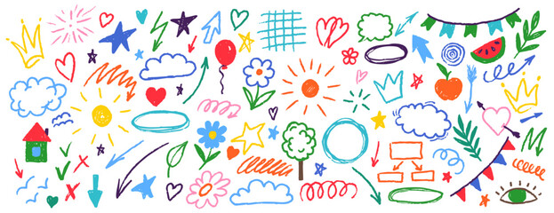 Cute kid scribble line flower, heart. rainbow background. Hand drawn doodle sketch childish element set. children draw style design elements background. Vector illustration with cute animals.