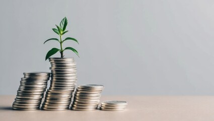 Growing investment represented by coins and a small plant demonstrating financial growth and sustainability