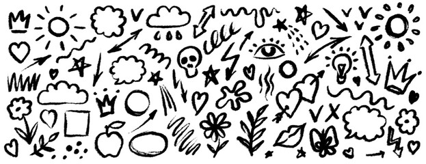 Hand drawn doodle design elements, black on white background. Swishes, swoops, emphasis, Arrow, crown, brush stroke. doodle sketch design elements.