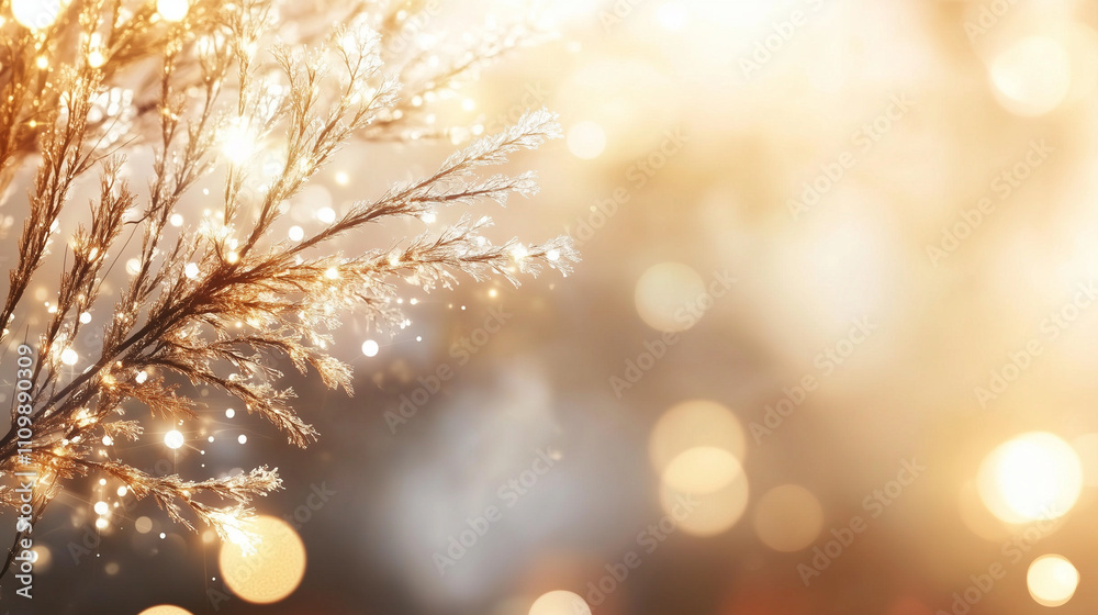 Poster Golden bokeh lights illuminate a Christmas tree branch, creating a warm and festive atmosphere. Perfect for holiday cards, invitations, and social media posts.