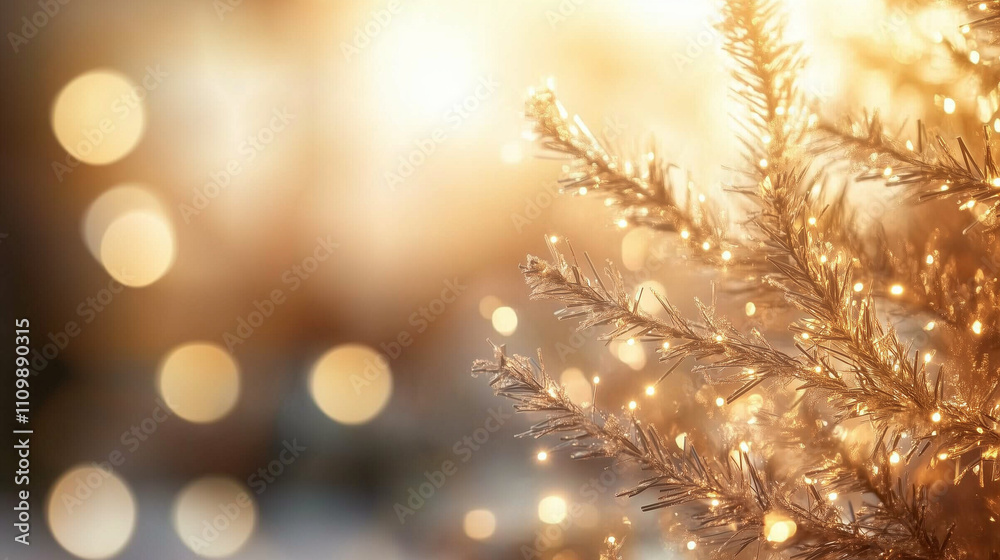 Poster golden bokeh lights illuminate a christmas tree branch, creating a warm and festive atmosphere. perf