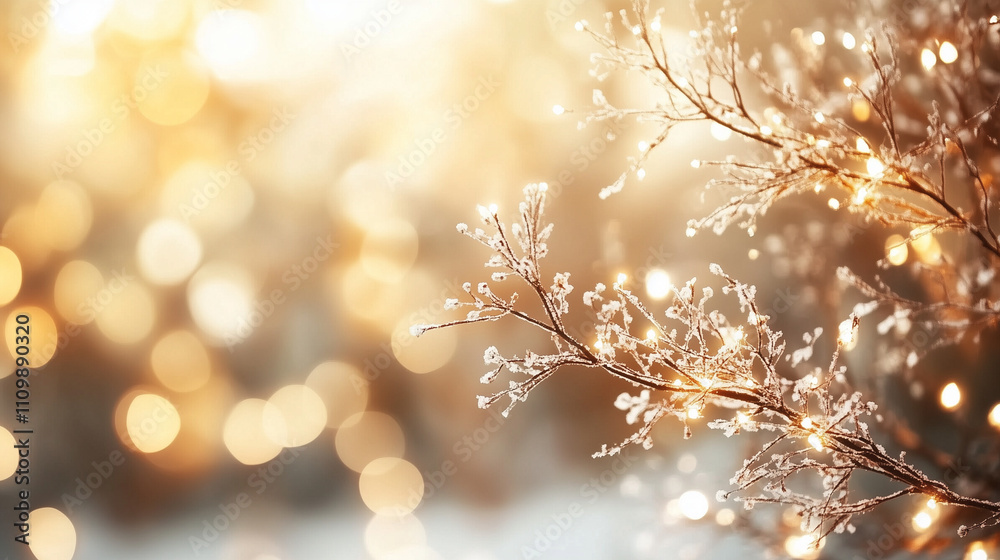 Poster golden bokeh lights illuminate a christmas tree branch, creating a warm and festive atmosphere. perf