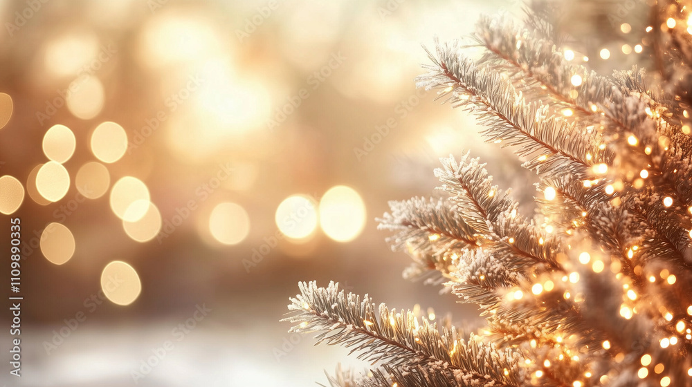 Poster golden bokeh lights illuminate a christmas tree branch, creating a warm and festive atmosphere. perf