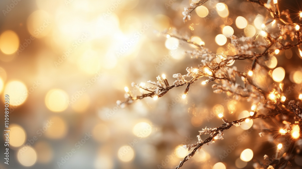 Aufkleber golden bokeh lights illuminate a christmas tree branch, creating a warm and festive atmosphere. perf