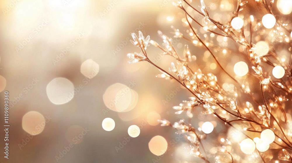 Aufkleber Golden bokeh lights illuminate a Christmas tree branch, creating a warm and festive atmosphere. Perfect for holiday cards, invitations, and social media posts.